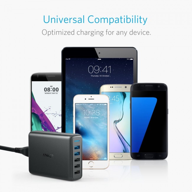 Anker PowerPort Speed 5, 63W 5 Port USB Charger, Power Adapters with Quick Charge 3.0