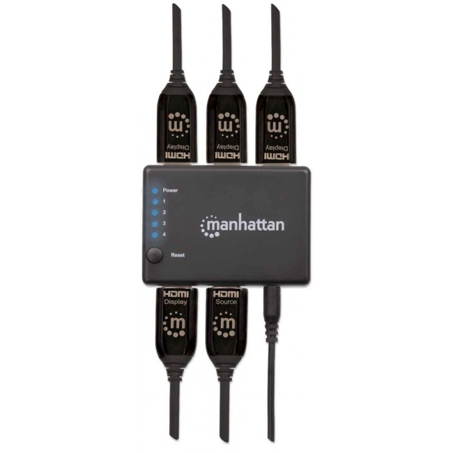 Manhattan HDMI Splitter 4-Port (Compact), 4K@30Hz, Displays output from x1 HDMI source to x4 HD displays (same output to four displays), AC Powered (cable 0.7m), Black, Three Year Warranty