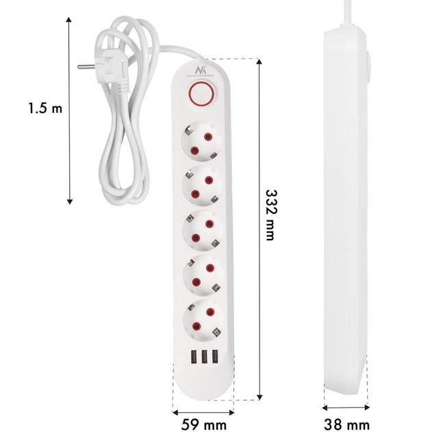 Maclean power strip, 5 socket extension + 3xUSB, 110-240V AC 50/60Hz, 2.1A max 2500W, 1.5m, white, MCE395 W Maclean power strip, 5 socket extension + 3xUSB, 110-240V AC 50/60Hz, 2.1A max 2500W, 1.5m, white, MCE395 W