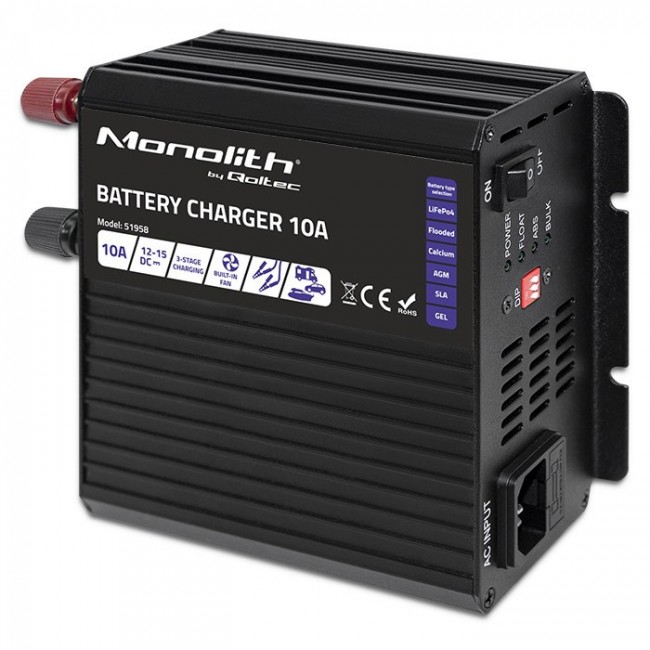 Qoltec 51958 Smart Monolith charger for LiFePO4 AGM GEL SLA batteries | 10A | 12V