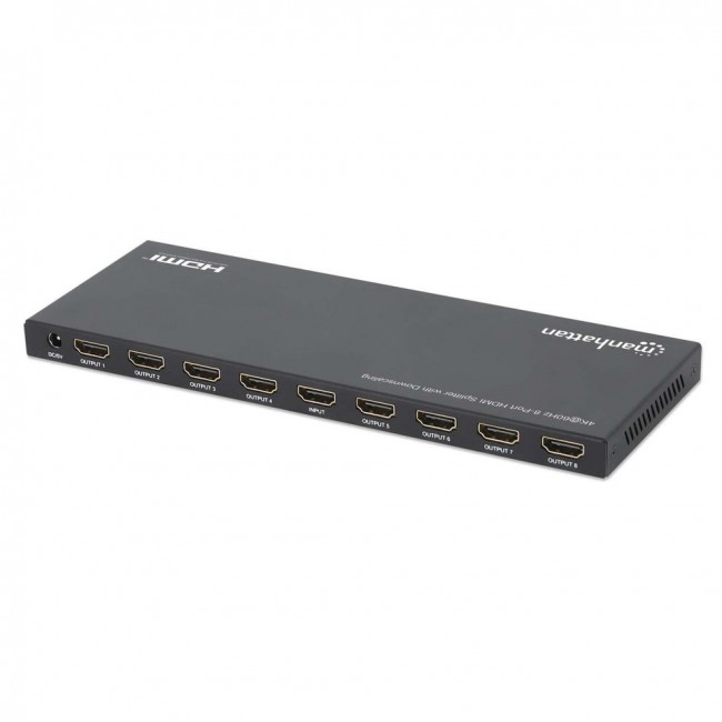Manhattan 4K@60Hz 8-Port HDMI Splitter with Downscaling, Splits One HDMI Input to Eight HDMI Outputs (1x8), 18G, EDID Switch for Downscaling, Black