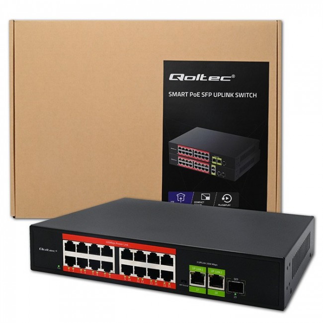 Qoltec Prze ącznik sieciowy SWITCH Fast Ethernet PoE | 16x RJ45 10/100 Mb/s | 2x RJ45 Uplink 1000 Mb/s | 1x SFP 1000 Mb/s
