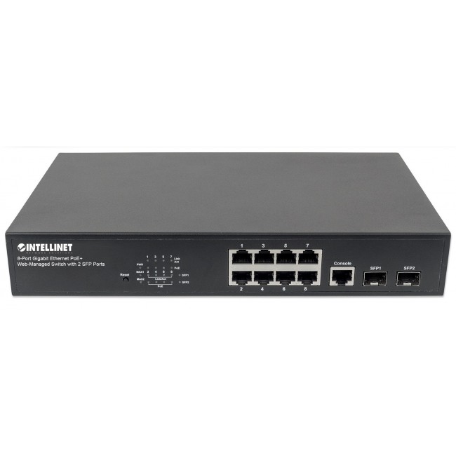 Intellinet 8-Port Gigabit Ethernet PoE+ Web-Managed Switch with 2 SFP Ports, IEEE 802.3at/af Power over Ethernet (PoE+/PoE) Compliant, 140 W, Endspan, Desktop, 19