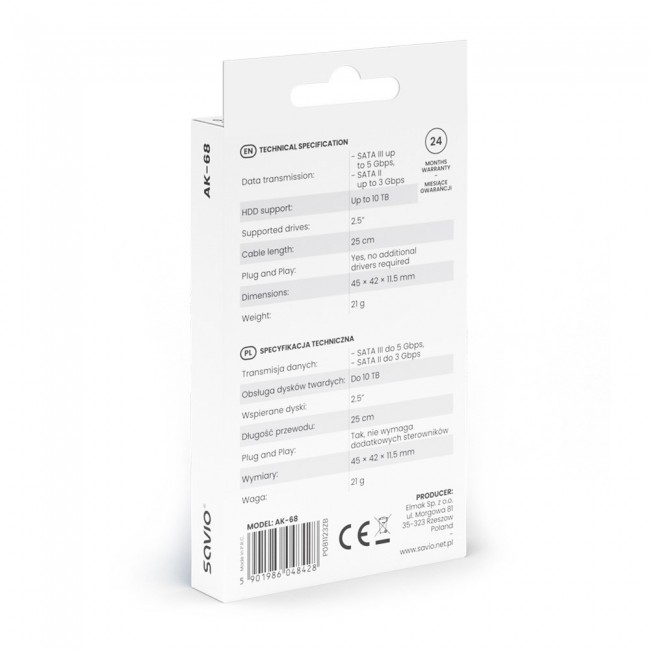 SAVIO AK-68 Adapter USB-A 3.1 Gen 1 (M) - SATA (F) for 2.5