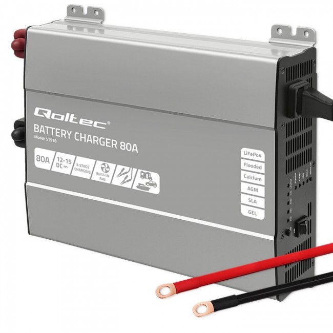 Qoltec Smart Professional Monolith Battery Charger for LiFePO4 AGM GEL SLA batteries | 80A | 12V | Fast charging