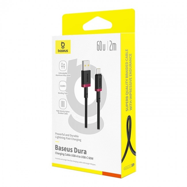 Baseus Dura USB Type A to Type C 60 W fast charging cable 2 m Black, Red Baseus Dura USB Type A to Type C 60 W fast charging cable 2 m Black, Red