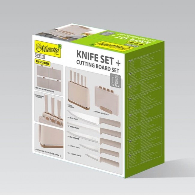 Maestro MR-1412-BEIGE Knife set with block + Cutting board set Beige