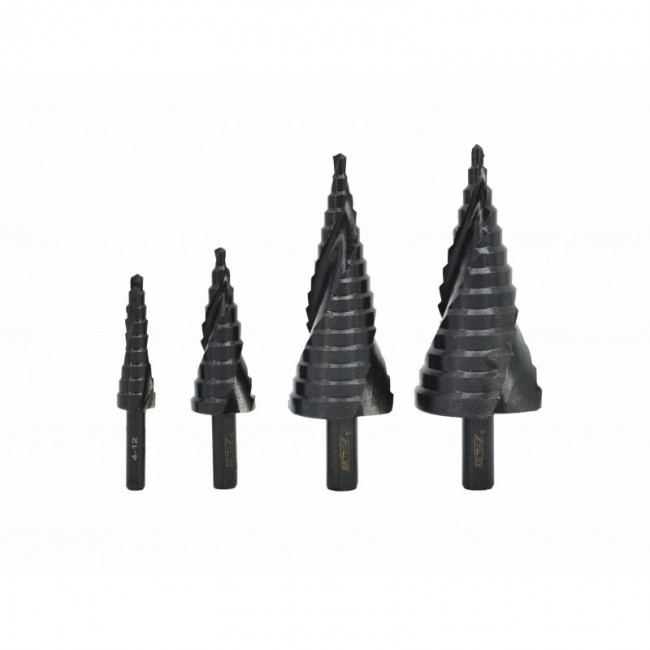 AW STEP TWIST DRILL BIT SET. 4pcs/ 4-12 4-20 4-32 4-39mm/ AICrN/ BLACK/ PLASTIC CASE