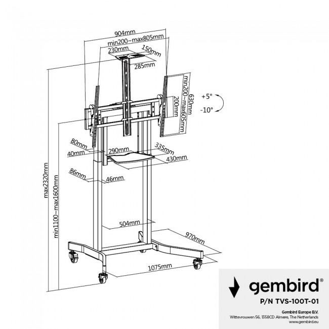 Gembird Stojak pod tv z regulacj wysokoci mobilny 55-100 cali Gembird Stojak pod tv z regulacj wysokoci mobilny 55-100 cali