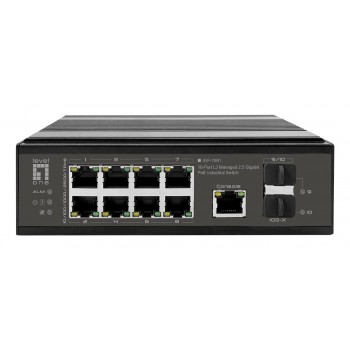LevelOne IGP-1091 10-Port L3 Managed 2.5 Gigabit PoE Industrial Switch, 2 x 1G/10G SFP+ Uplinks, 8-Port PoE Outputs, Power Budget 480W, 802.3af/at/bt PoE, DIN-Rail, -40 C to 75 C