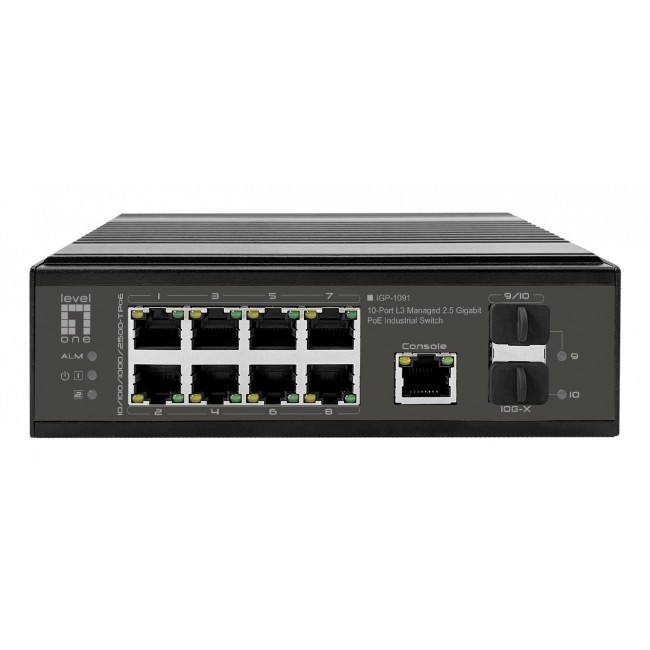 LevelOne IGP-1091 10-Port L3 Managed 2.5 Gigabit PoE Industrial Switch, 2 x 1G/10G SFP+ Uplinks, 8-Port PoE Outputs, Power Budget 480W, 802.3af/at/bt PoE, DIN-Rail, -40 C to 75 C