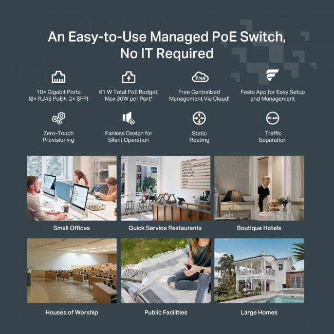 TP-Link FESTA FS310GP network switch Managed L2/L2+ Gigabit Ethernet (10/100/1000) Power over Ethernet (PoE) 1U White TP-Link FESTA FS310GP network switch Managed L2/L2+ Gigabit Ethernet (10/100/1000) Power over Ethernet (PoE) 1U White