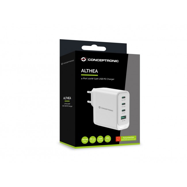 Conceptronic ALTHEA22W100 4-Port 100W GaN USB PD Charger, USB-C x 3, USB-A x 1, QC 3.0, PPS, PD 3.0