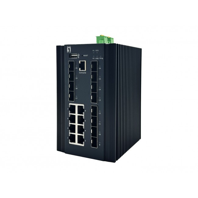 LevelOne 20-Port L2 Plus Managed Industrial Switch, 8 x 1GbE RJ45, 8 x 1GbE SFP, 4 x 1/2.5GbE SFP, DIN-Rail, -40 C to 80 C
