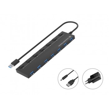 Conceptronic HUBBIES19BP 7-Port USB 3.2 Gen 1 Hub with 5.0V/3.0A Power Adapter, USB-A to 7 x USB-A, 5Gbps SuperSpeed, 90cm Cable