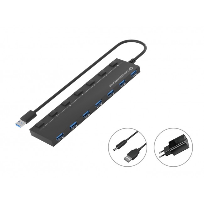 Conceptronic HUBBIES19BP 7-Port USB 3.2 Gen 1 Hub with 5.0V/3.0A Power Adapter, USB-A to 7 x USB-A, 5Gbps SuperSpeed, 90cm Cable