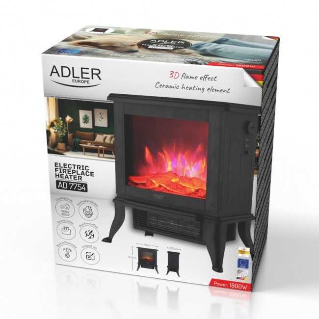 Electric fireplace ADLER AD 7754 2 heat settings: 1000W / 1800W | 3D flame effect | Thermostat Black