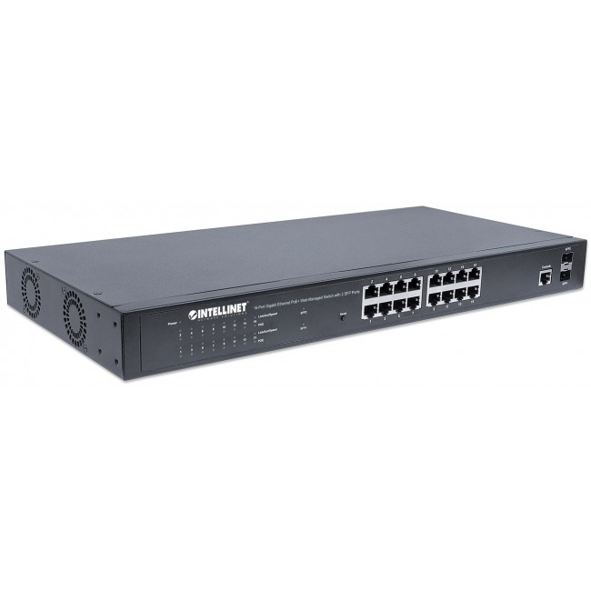 Intellinet 16-Port Gigabit Ethernet PoE+ Web-Managed Switch with 2 SFP Ports, IEEE 802.3at/af Power over Ethernet (PoE+/PoE) Compliant, 374 W, Endspan, 19