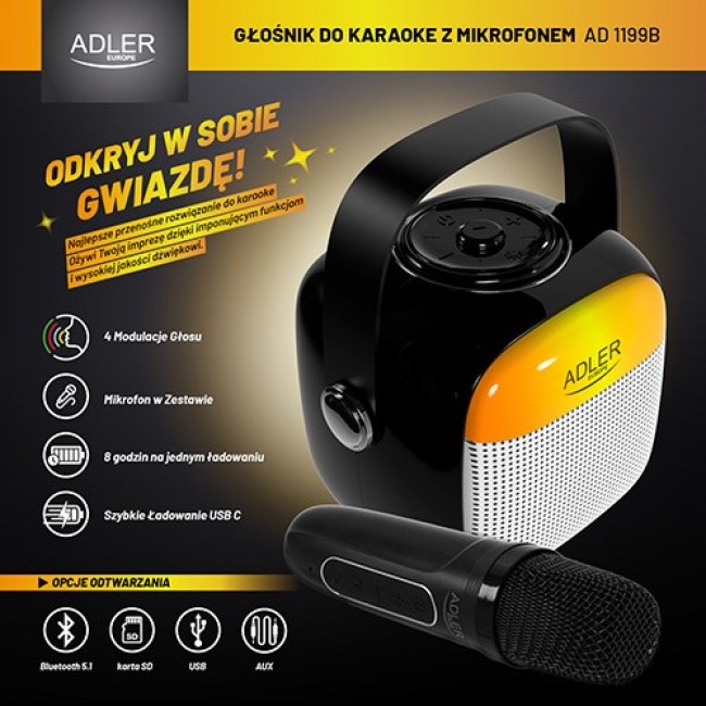 Adler AD 1199 black Karaoke speaker with microphone - SD/USB/AUX/Bluetooth Adler AD 1199 black Karaoke speaker with microphone - SD/USB/AUX/Bluetooth