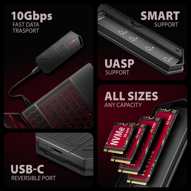 Axagon EEM2-GAM, USB-C 10Gbps - NVMe & SATA SSD GAME M.2 box, bezšroubkov SSD enclosure Black Axagon EEM2-GAM, USB-C 10Gbps - NVMe & SATA SSD GAME M.2 box, bezšroubkov SSD enclosure Black