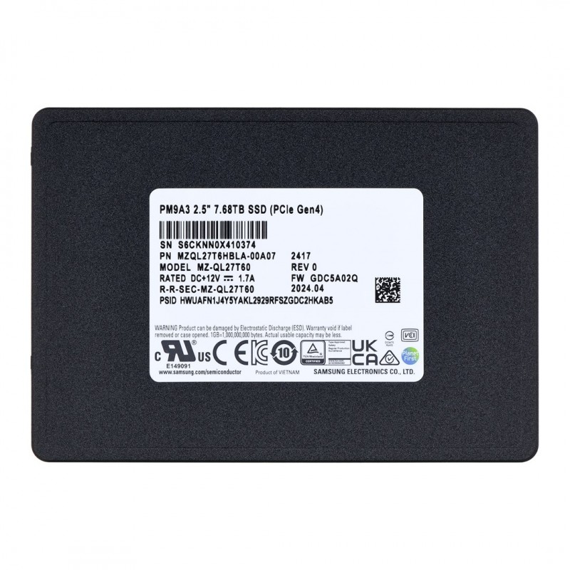 SSD Samsung PM9A3 7.68TB U.2 NVMe PCI 4.0 MZQL27T6HBLA-00A07 (DWPD 1) SSD Samsung PM9A3 7.68TB U.2 NVMe PCI 4.0 MZQL27T6HBLA-00A07 (DWPD 1)