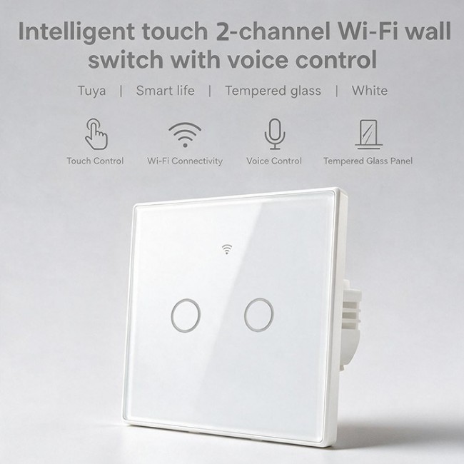 Qoltec 52716 Smart Touch 2-Gang Light Switch | Wi-Fi | Timer | Tuya | Smart Life | Tempered Glass | White