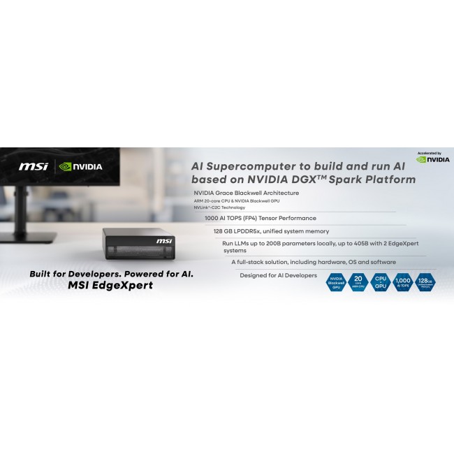 MSI EdgeXpert AI Supercomputer Desktop, NVIDIA DGX Spark GB10 Grace Blackwell Architecture, 128GB LPDDR5 Unify Memory, 4TB SSD, ARM CPU, WiFi 7, BT 5.3, NVIDIA DGX OS - EDGEXPERT NVIDIA DGX GB10 128GB 4TB