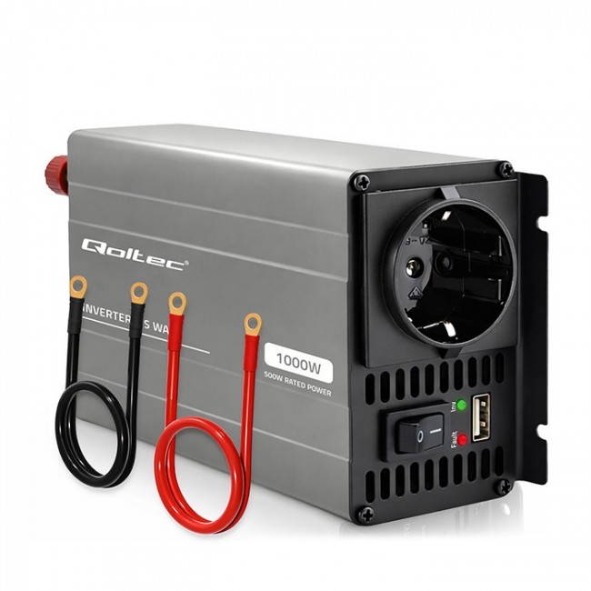 Qoltec Przetwornica napięcia MS Wave | 12V na 230V | 500/1000W | USB | Kompatybilna z LiFePO4 GEL AGM