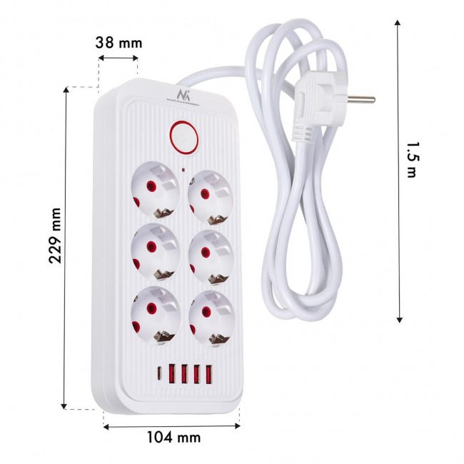 Maclean power strip, 6 socket extension + 4xUSB, 110-240V AC 50/60Hz, 2.1A max 2500W, 1.5 m, white, MCE389 W