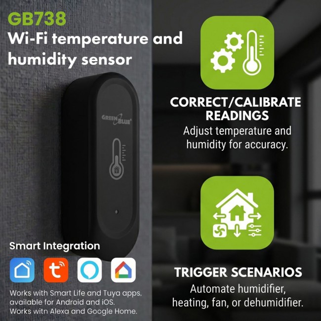 GreenBlue Outdoor WiFi Temperature and Humidity Sensor, Android/iOS, 3.0V DC, LR03x2, IP65, GB741 GreenBlue Outdoor WiFi Temperature and Humidity Sensor, Android/iOS, 3.0V DC, LR03x2, IP65, GB741