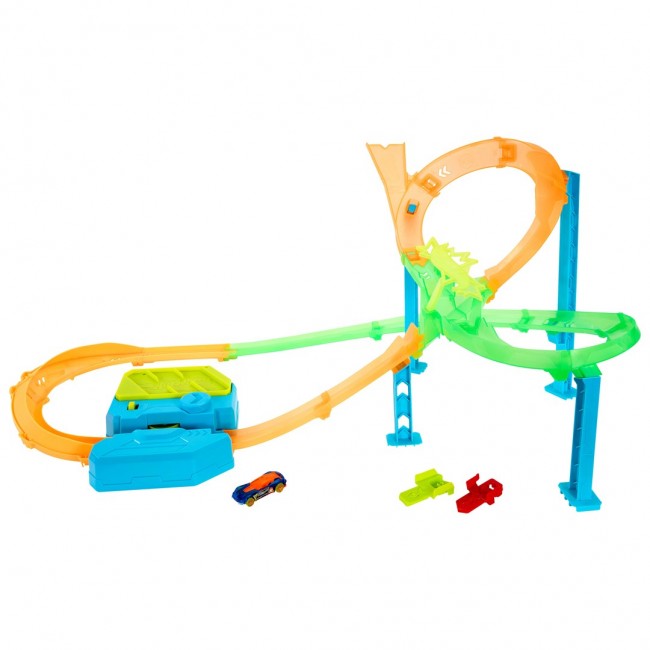 Hot Wheels Neon Speeders Stunt Tracks Tornado Jump Crash Track Set with Motorized Booster & Toy Car