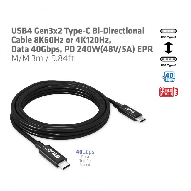 CLUB3D USB4 Gen3x2 Type-C Bi-Directional Cable 8K60Hz or 4K120Hz, Data 40Gbps, PD 240W(48V/5A) EPR M/M 3m / 9.84ft CLUB3D USB4 Gen3x2 Type-C Bi-Directional Cable 8K60Hz or 4K120Hz, Data 40Gbps, PD 240W(48V/5A) EPR M/M 3m / 9.84ft