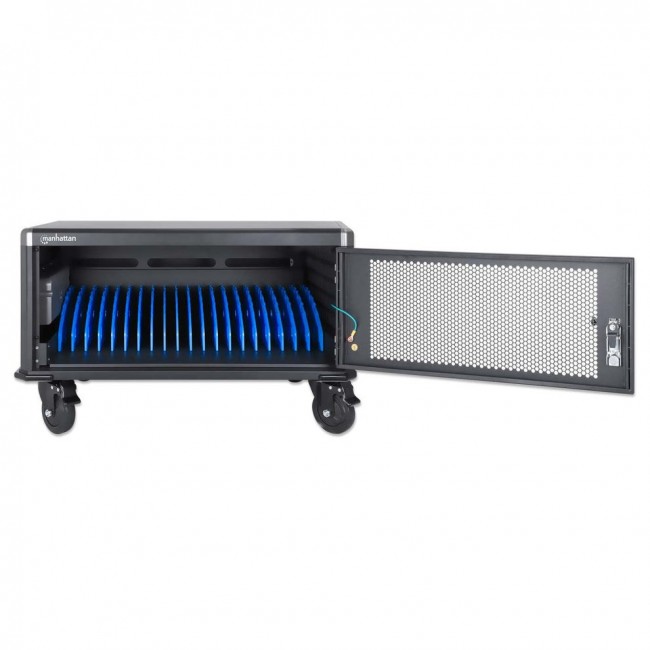 Manhattan Laptop Charging Cabinet Desktop via AC Adapter (EU) 20-bay, Install device's AC Adapter (power cables) into unit, Suitable for ALL laptops (to 16