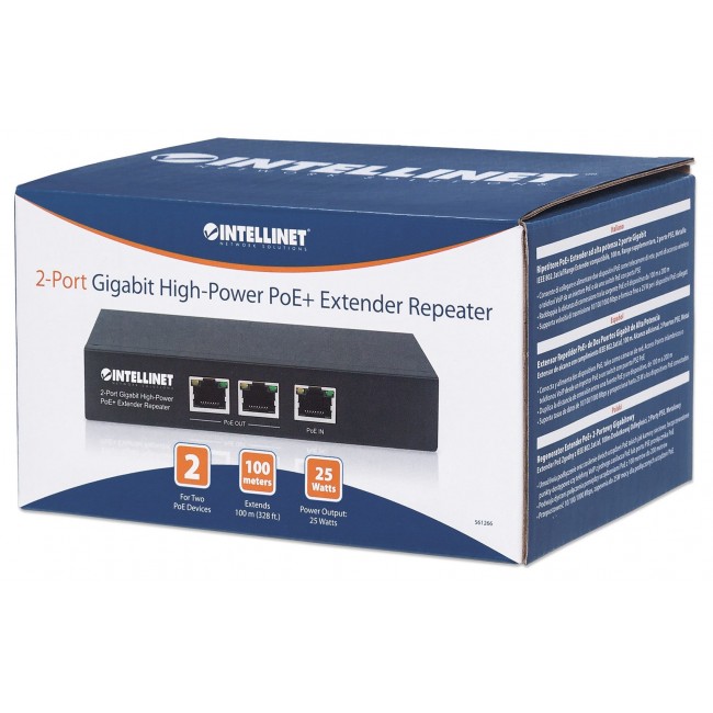 Intellinet 2-Port Gigabit High-Power PoE+ Extender Repeater, IEEE 802.3at/af Power over Ethernet (PoE+/PoE), metal