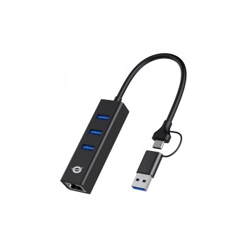 Conceptronic DONN07BA USB to Gigabit Network Adapter with 3-Port USB Hub, USB-A x 3, Wake-on-LAN, 2-in-1 USB-C USB-A Cable
