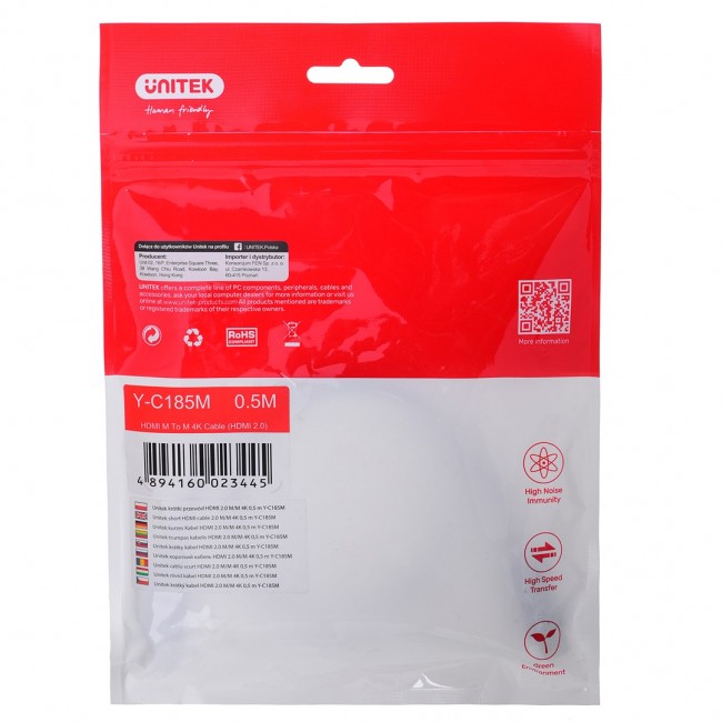 UNITEK CABLE HDMI 2.0, M/M, 4K@60HZ, 0,5M, Y-C185M UNITEK CABLE HDMI 2.0, M/M, 4K@60HZ, 0,5M, Y-C185M