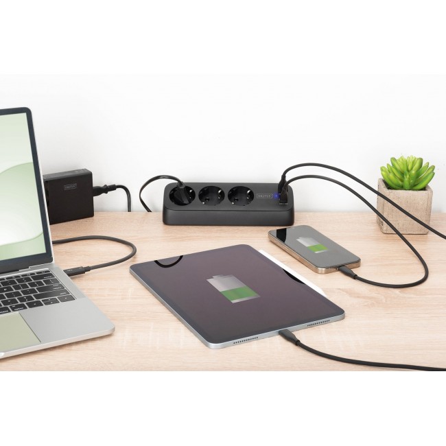 Digitus 3-way office socket strip with 2x USB-A and 1x USB-C connections, black