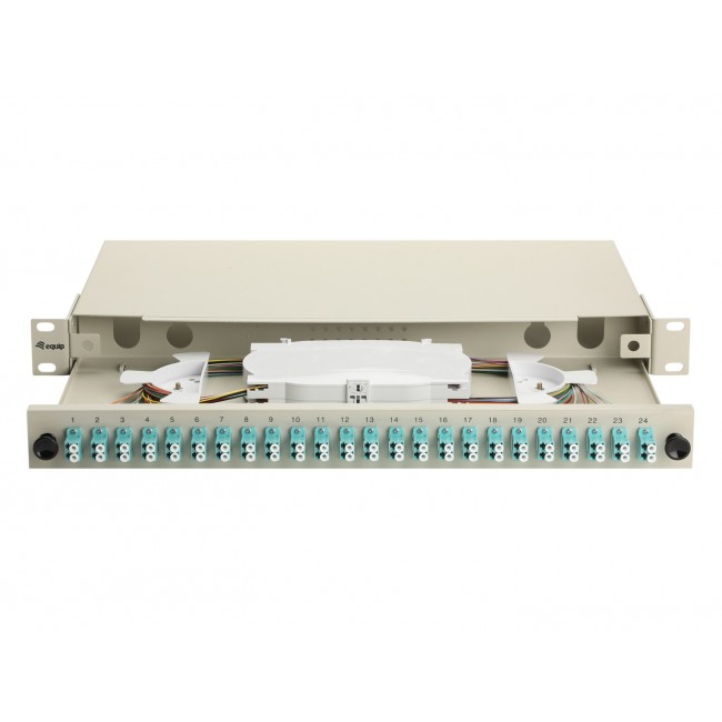 Equip 24-Port Fiber Optic Splice Box, LC Duplex, OM3, 1U, Equipped, Grey