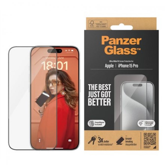 PanzerGlass Screen Protector iPhone 15 Pro | Ultra-Wide Fit w. EasyAligner Clear screen protector Apple 1 pc(s)