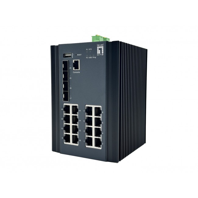 LevelOne 20-Port L2 Plus Managed Gigabit Industrial Switch, 16x 1GbE RJ45, 4x 1/2.5GbE SFP, DIN-Rail, -40 C to 80 C