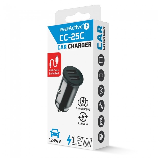 Car charger 2 X USB 12W black + cable USB-C 1m