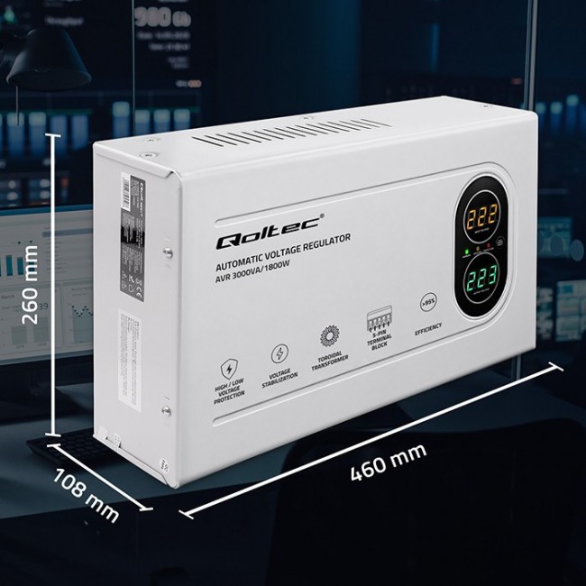 Qoltec Automatyczny Stabilizator napięcia AVR 3000VA | 1800W | Compact | Toroidalny transformator