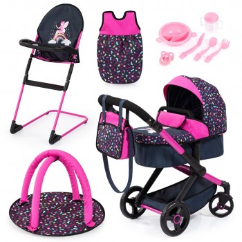 Bayer XEO Doll's Stroller, High Chair, Navy Blue Sleeping Bag with Accessories 17080AB