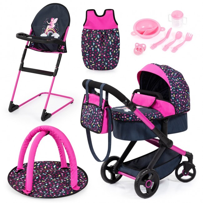 Bayer XEO Doll's Stroller, High Chair, Navy Blue Sleeping Bag with Accessories 17080AB Bayer XEO Doll's Stroller, High Chair, Navy Blue Sleeping Bag with Accessories 17080AB