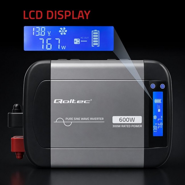 Qoltec Przetwornica napięcia Pure Sine Wave | 12V na 230V | 300/600W | LCD | USB | USB-C | Kompatybilna z LiFePO4 GEL AGM