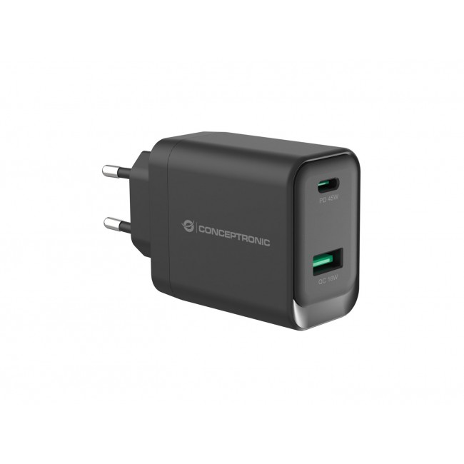 Conceptronic ALTHEA20B45 2-Port 45W GaN USB PD Charger, USB-C x 1, USB-A x 1, QC 3.0, PPS, PD 3.0