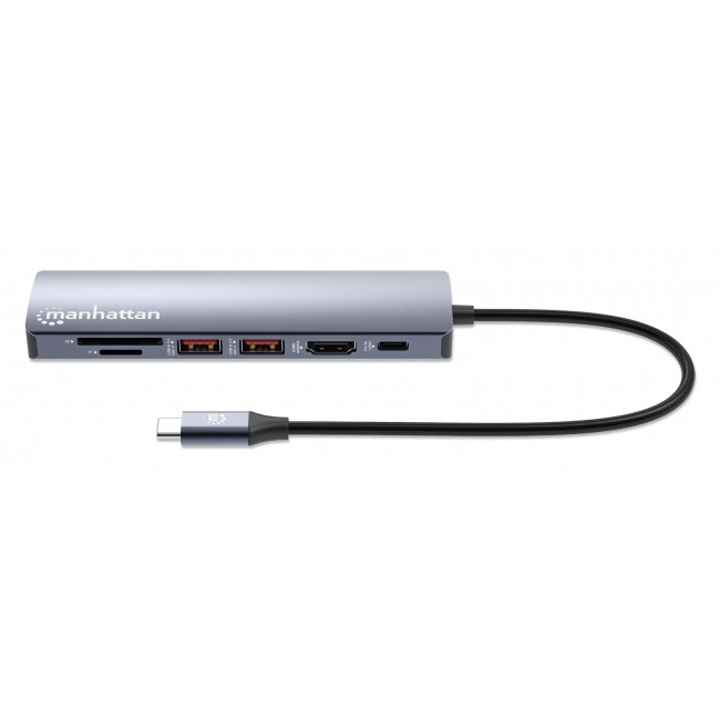 Manhattan USB-C Dock/Hub with Card Reader, Ports (x5): Ethernet, HDMI, USB-A (x2) and USB-C, with Power Delivery (PD) 100W- requires external USB-C charger (not included). USB powered (no external power supply required) when PD is not in use