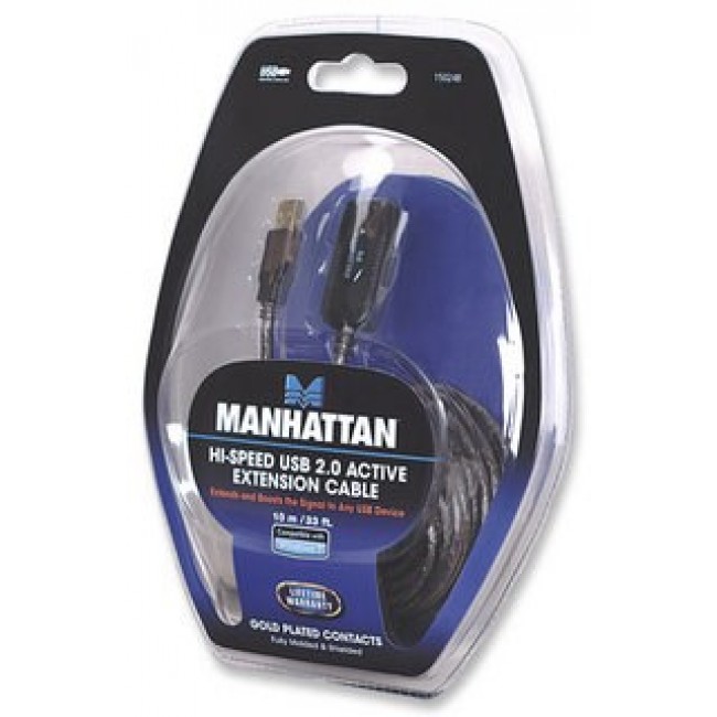 Manhattan USB-A to USB-A Extension Cable, 10m, Male to Female, Active, 480 Mbps (USB 2.0), Daisy-Chainable, Built In Repeater, Hi-Speed USB, Black, Three Year Warranty, Equivalent to USB2AAEXT10M.
