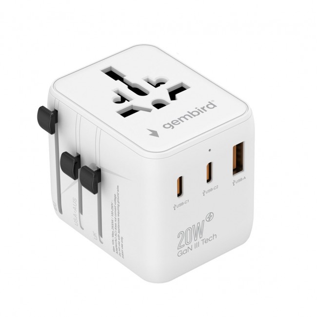 Gembird TPA-1A2C20-01-W Universal travel power adapter, 20 W, white Gembird TPA-1A2C20-01-W Universal travel power adapter, 20 W, white