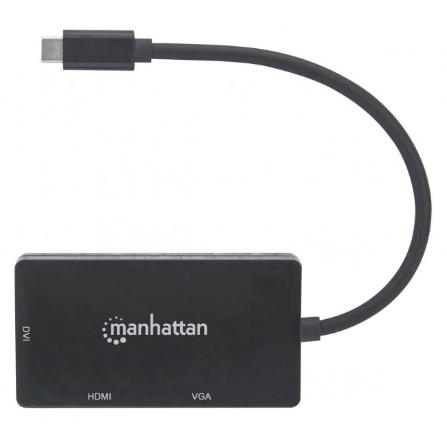 Manhattan USB-C Dock/Hub, Ports (x3): DVI-I, HDMI and VGA Ports, Note: Only One Port can be used at a time, External Power Supply Not Needed, Universal for all devices, Cable 10cm, Black, Three Year Warranty Manhattan USB-C Dock/Hub, Ports (x3): DVI-I, HDMI and VGA Ports, Note: Only One Port can be used at a time, External Power Supply Not Needed, Universal for all devices, Cable 10cm, Black, Three Year Warranty